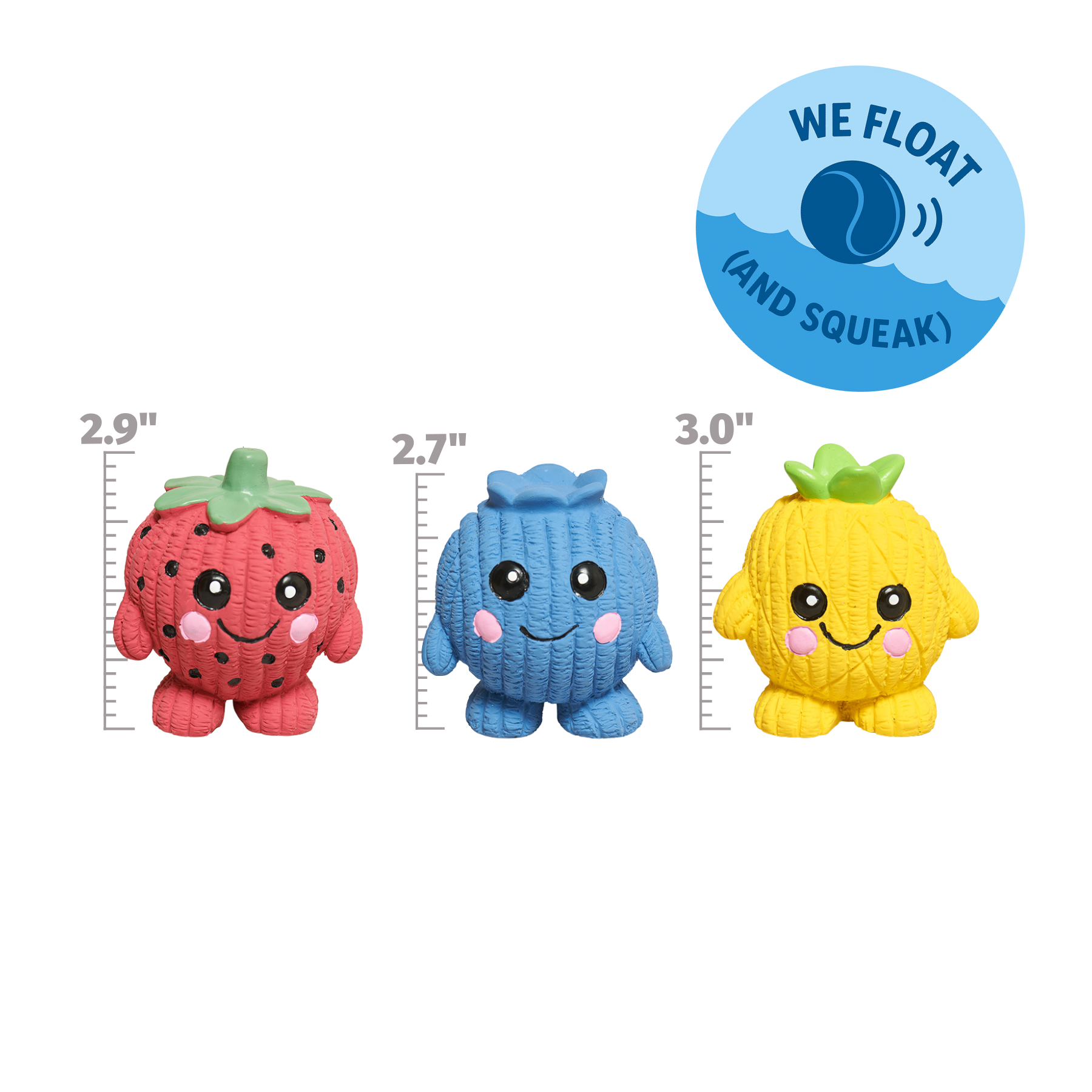 Fruitie Cuties Foodies Ruff-Tex three-pack dog toys displayed showing colorful fruit-themed designs and durable textured material.