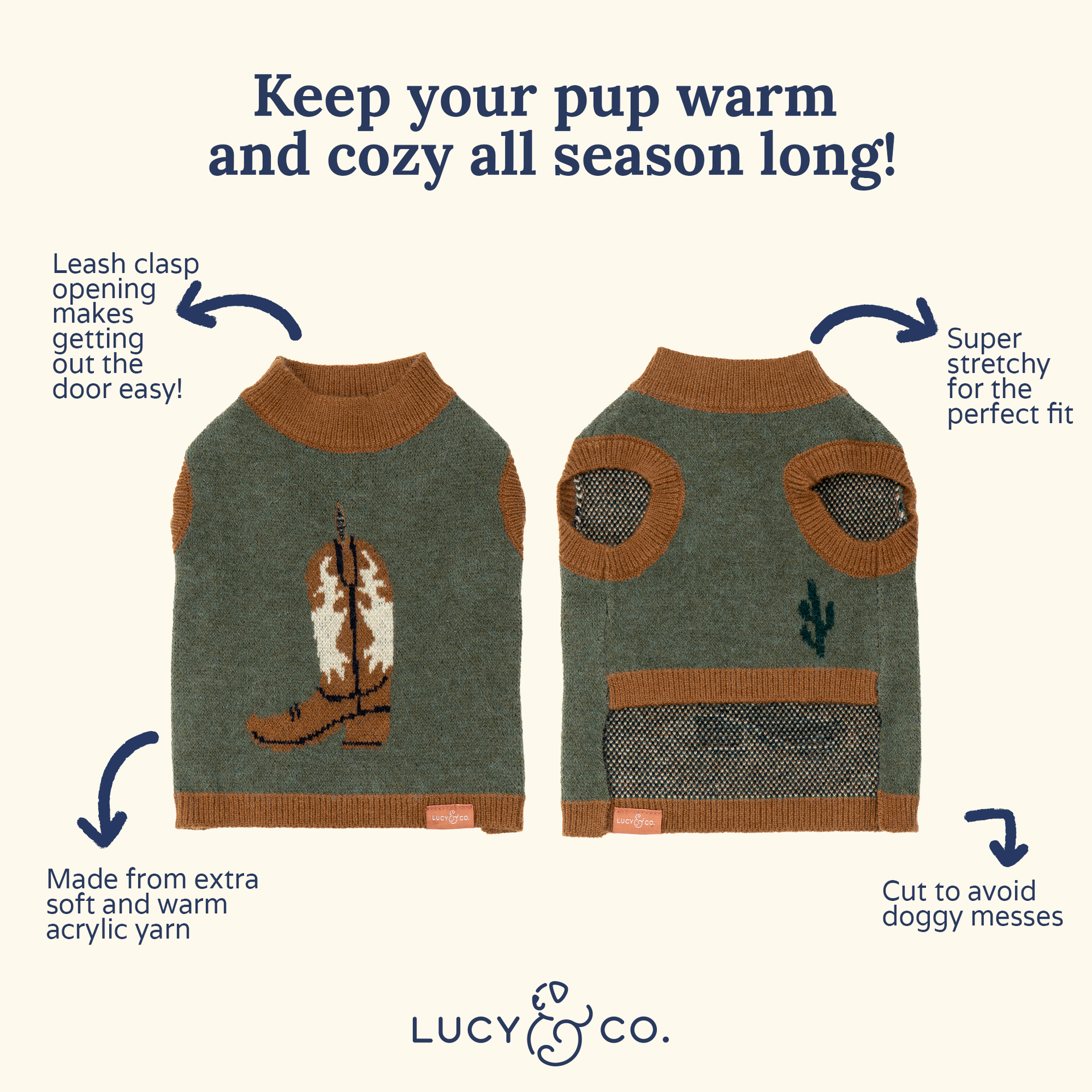 Dog sweater with cowboy boot design and features highlighted, branded as Lucy & Co.