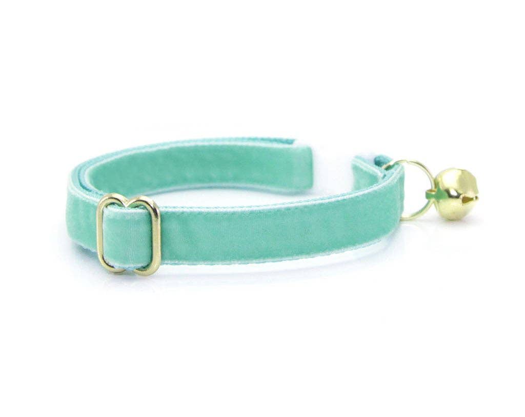 Made By Cleo Velvet Mint robin's egg blue cat collar showing detailed stitching and hardware construction.