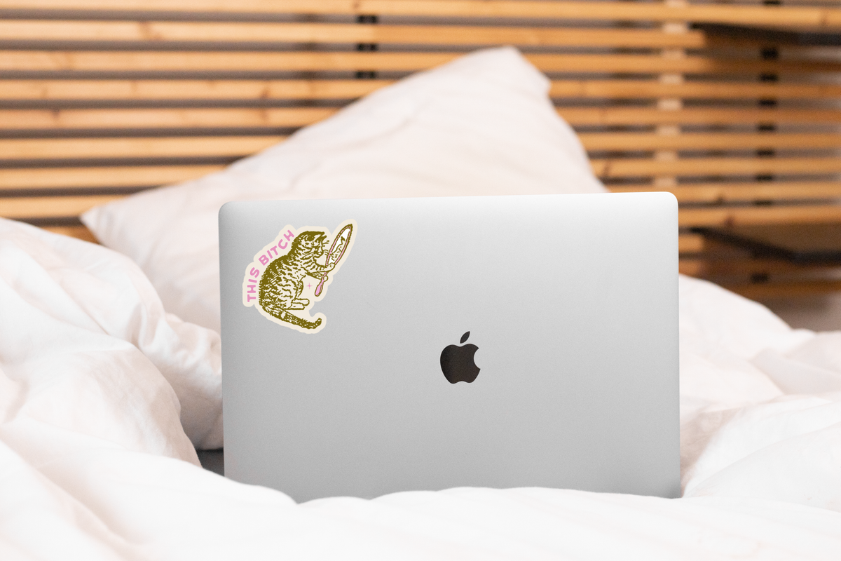 Yarnival This Bitch sticker shown in a lifestyle context highlighting its playful, bold design.
