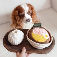 Dog playing with Lambwolf Collective RAMEN snuffle toy, demonstrating the interactive foraging and enrichment experience.