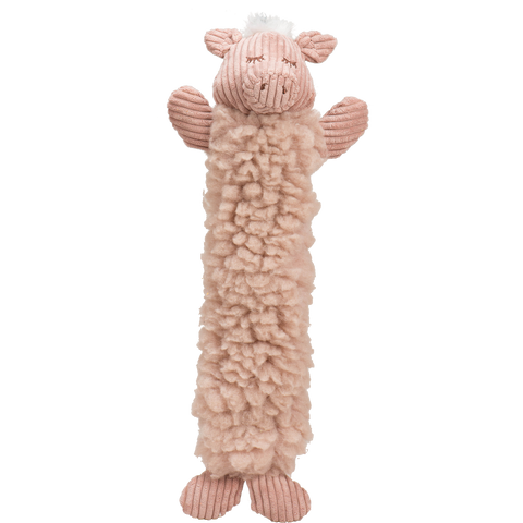 HuggleHounds Penelope Pig Fluffer toy showing pink plush pig with long body and soft fabric texture