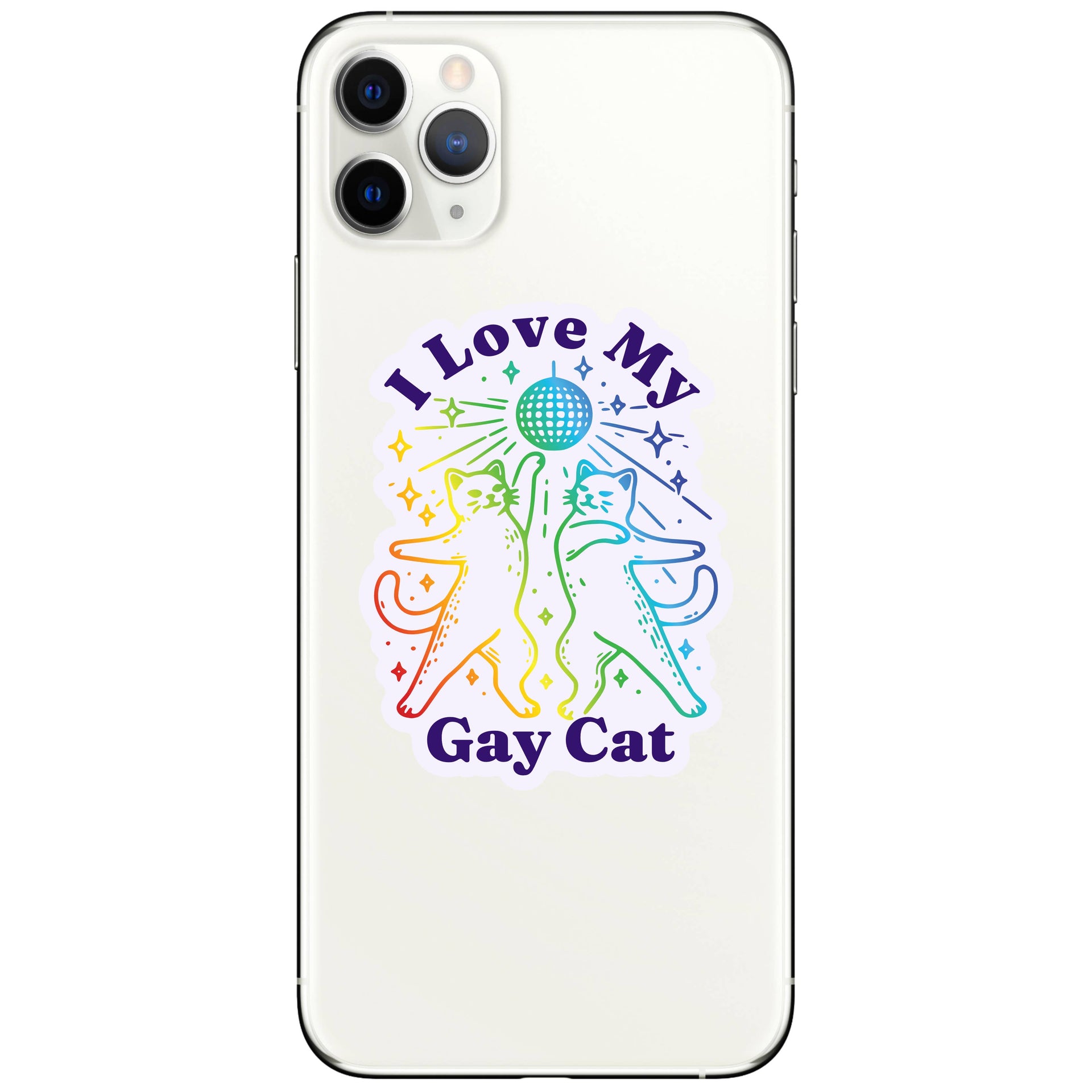 Juju and Moxie I Love My Gay Cat sticker shown in lifestyle setting or alternate angle view.