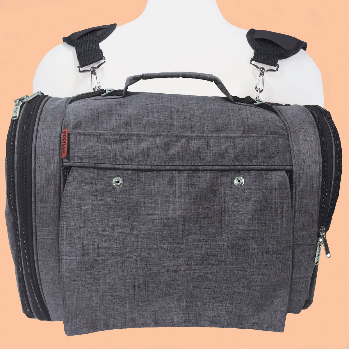 Prefer Pets Hideaway Backpack in heather gray shown in use as a pet travel carrier.