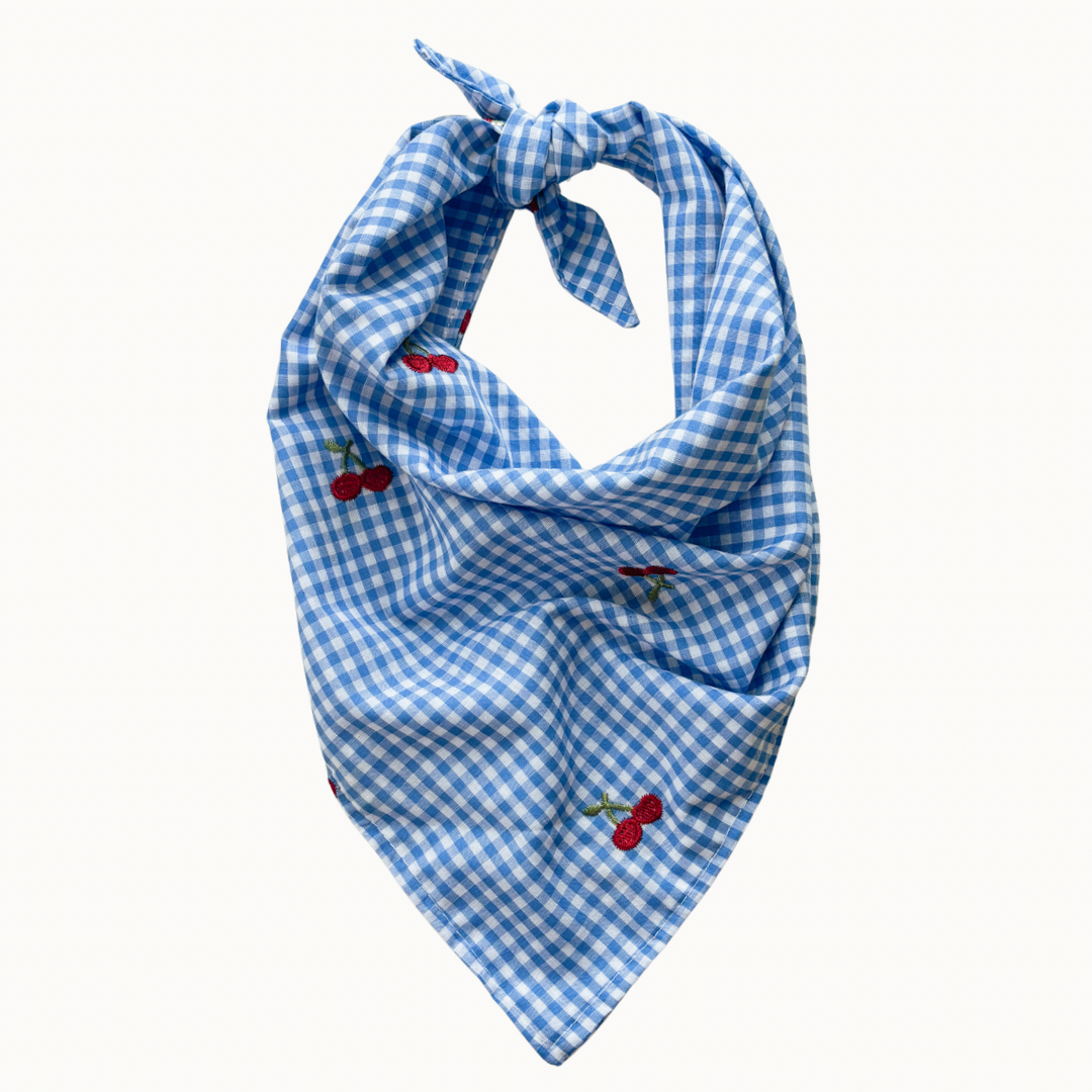 Picnic Dog Bandana | Blue Gingham Embroidered Cherry Scarf