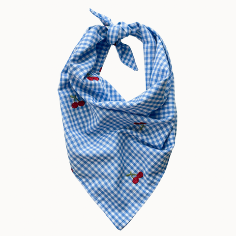Picnic Dog Bandana | Blue Gingham Embroidered Cherry Scarf