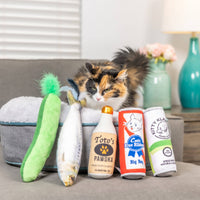 Huxley & Kent Sardine Kicker Cat Toy shown from multiple angles displaying silver fish design and plush texture.