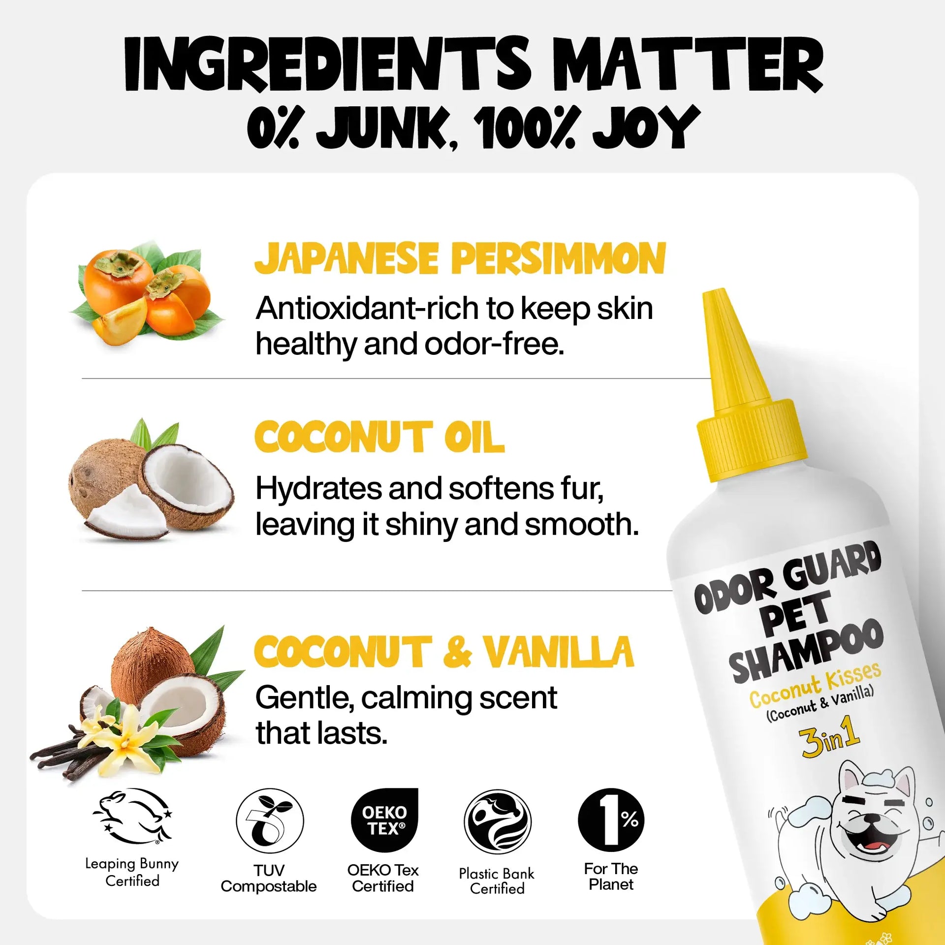 Roofus Coconut Kisses dog shampoo bottle showing detailed ingredient list and usage instructions on back label.