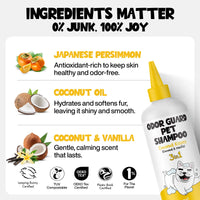 Roofus Coconut Kisses dog shampoo bottle showing detailed ingredient list and usage instructions on back label.