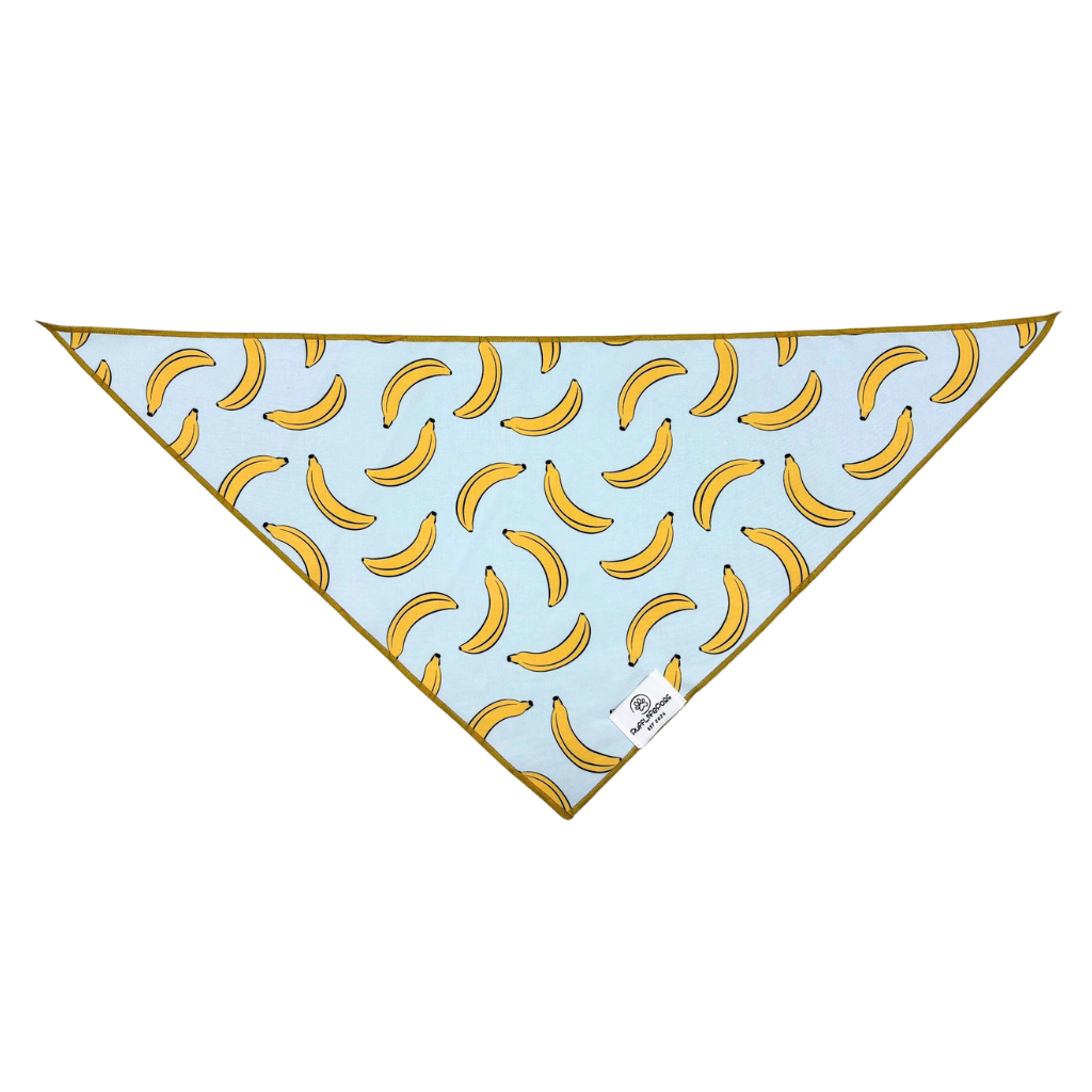 Rufflifepals Bananas dog bandana worn on an adorable dog, showing a fun lifestyle look.