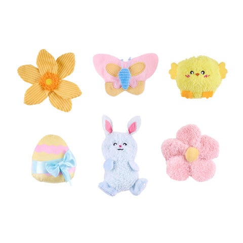 ZippyPaws Spring Fling 6-Pack plush dog toys showing detailed view of colorful palm-sized characters and textures.