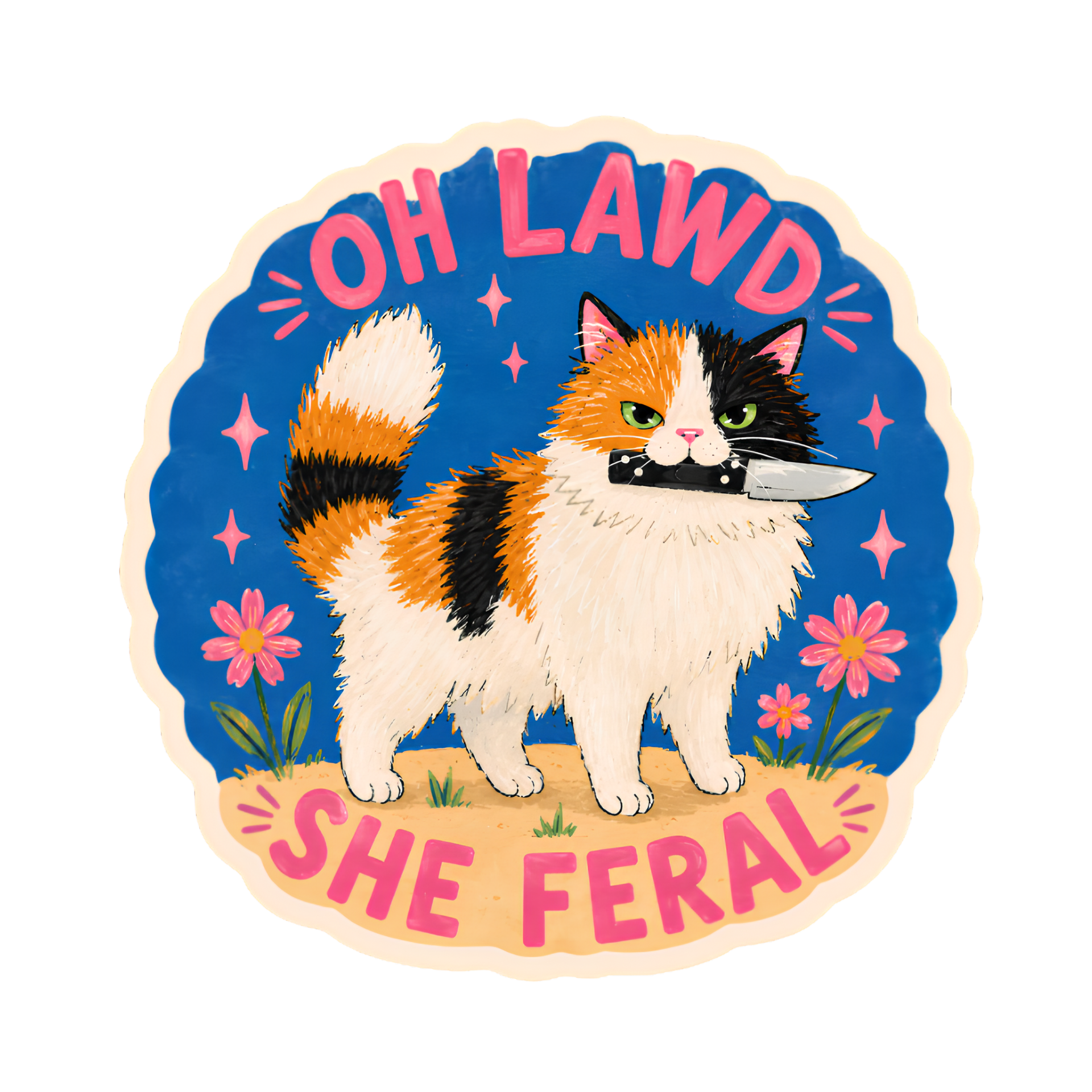 Inviting Affairs Paperie Oh Lawd She Feral funny cat vinyl sticker featuring bold humorous text.