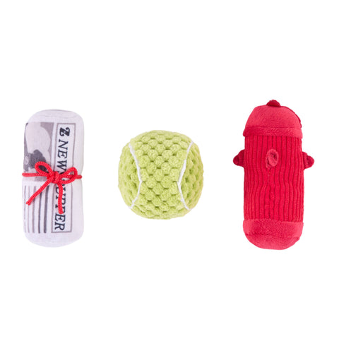 ZippyPaws Dog's Best Friends 3-Pack featuring three small colorful squeaky plush toy animals for dogs.