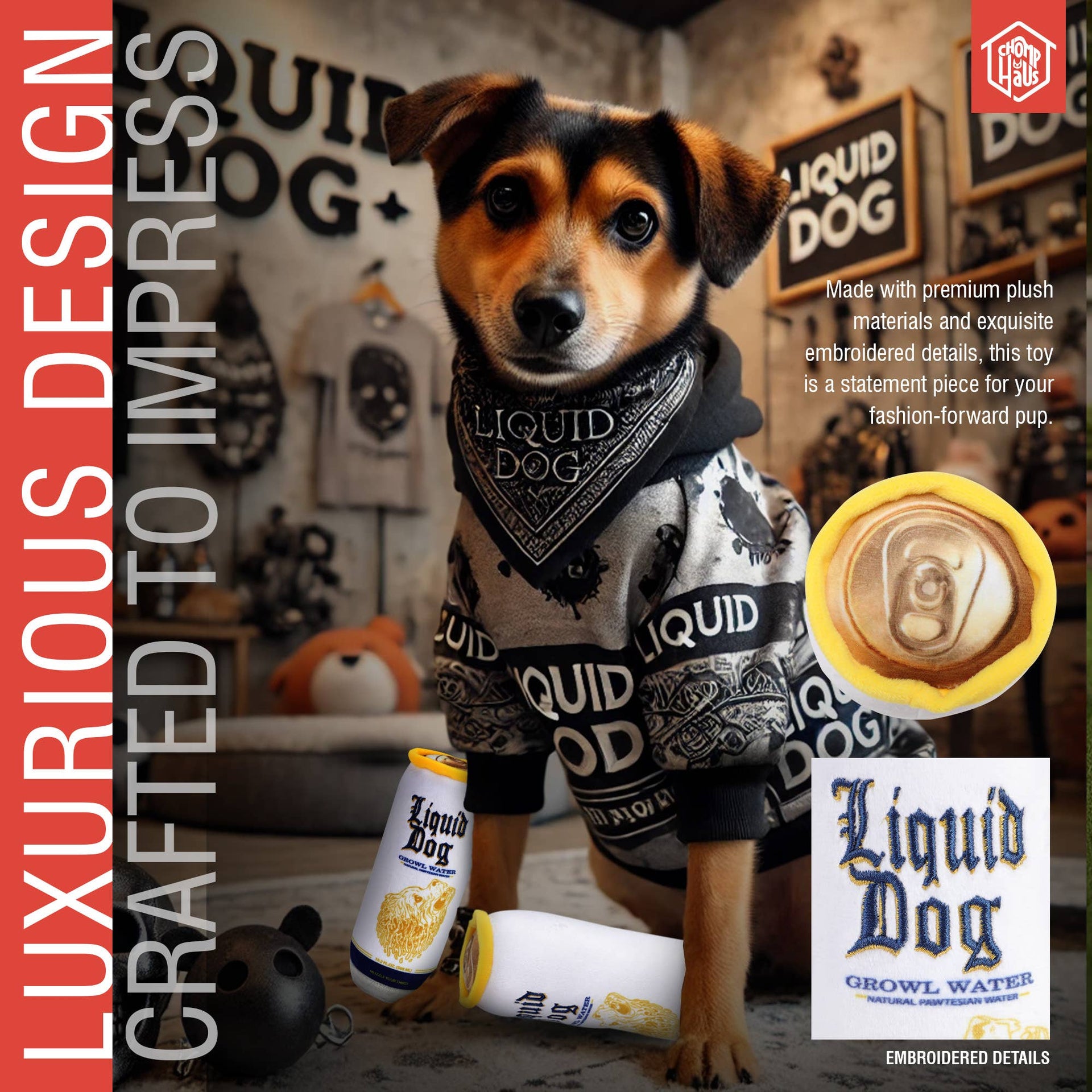 Chomp Haus Liquid Dog Growl Water Toy packaging showing sparkling water bottle design with playful branding details.