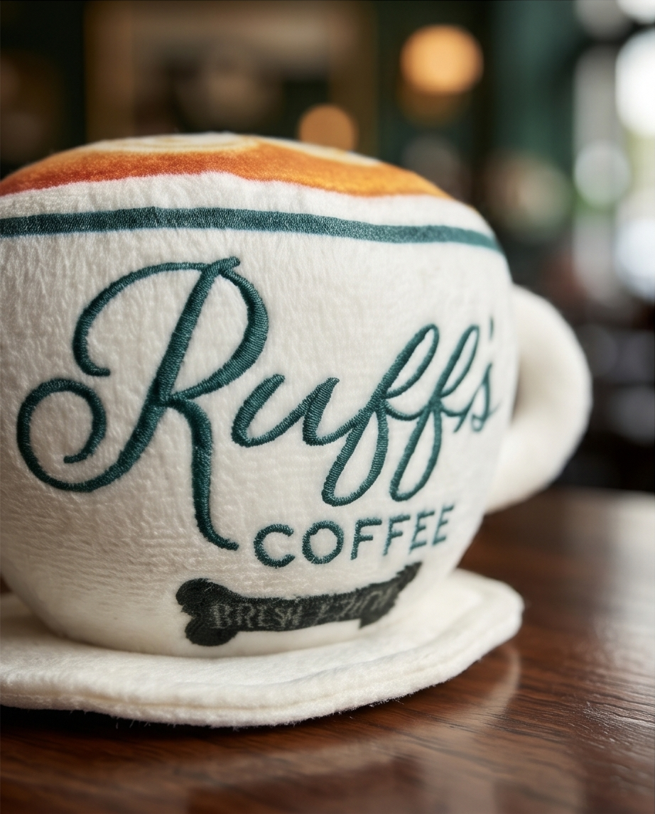 Haute Diggity Dog Ruff's Coffee Cup plush squeaker toy shown from an alternate angle highlighting its design details.