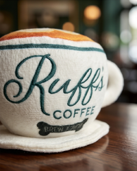Haute Diggity Dog Ruff's Coffee Cup plush squeaker toy shown from an alternate angle highlighting its design details.