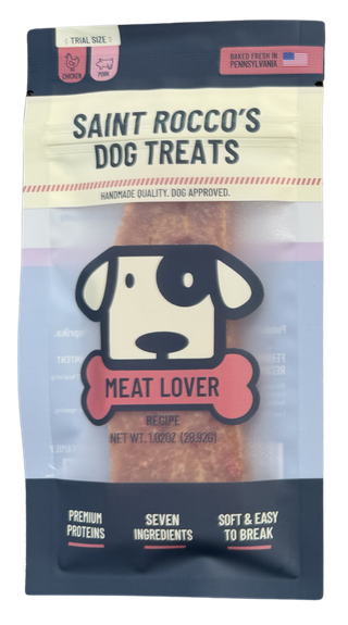 Saint Rocco's Singles treat packaging shown up close, highlighting ingredient details and branding.