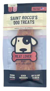 Saint Rocco's Singles treat packaging shown up close, highlighting ingredient details and branding.