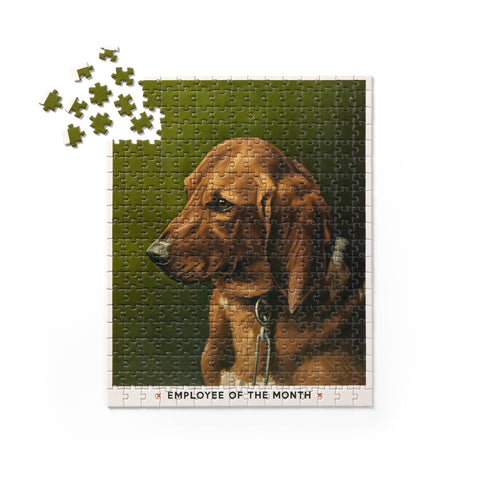 Chronicle Books Employee Of The Month puzzle showing completed 300-piece jigsaw with vintage Golden Retriever painting