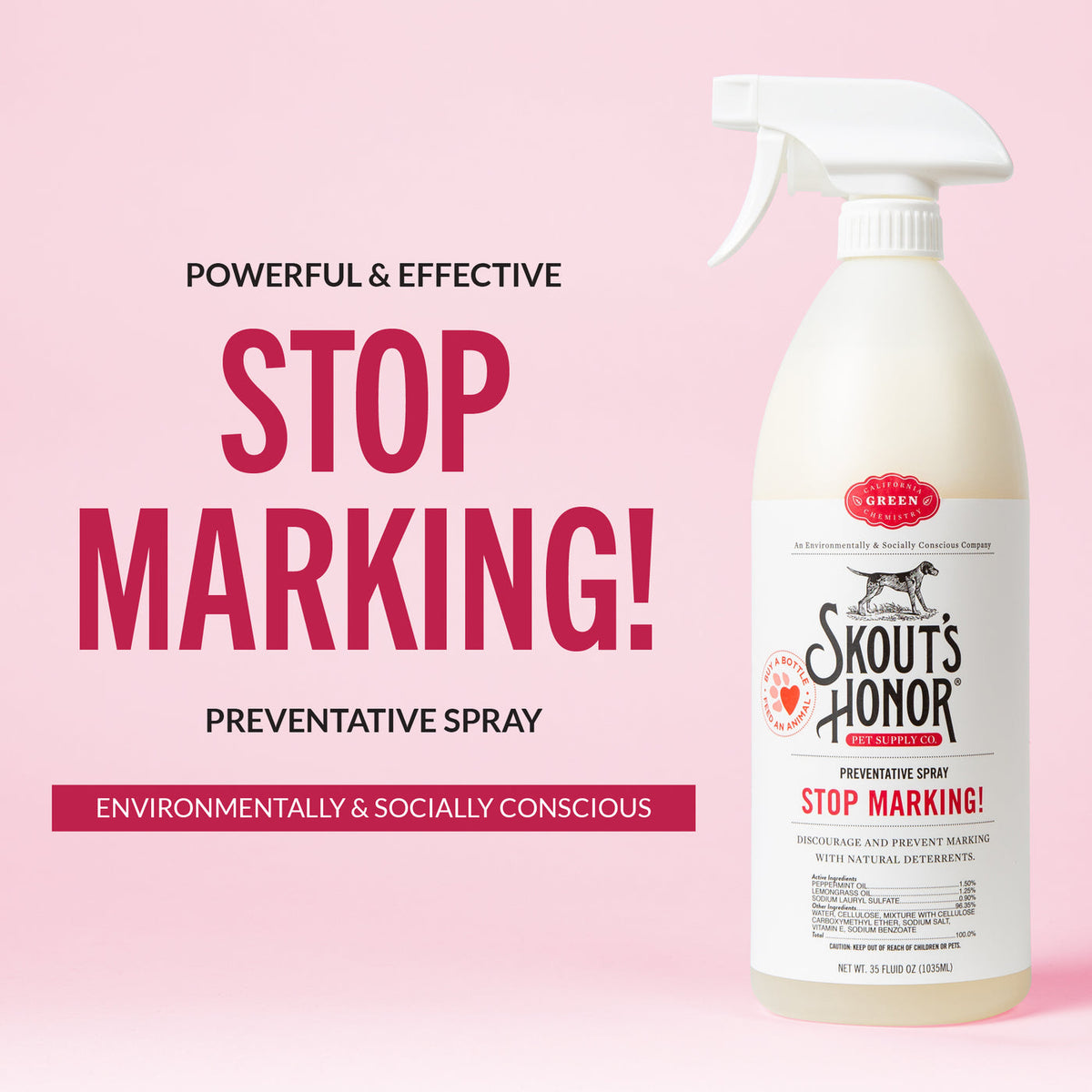 Skout's Honor Stop Marking bottle shown from a different angle highlighting label details and spray nozzle.