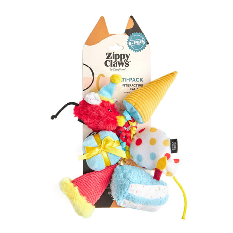 ZippyPaws Birthday Party 6-Pack featuring six colorful plush cat toys including cake, candles, and party-themed designs.