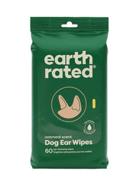 Earth Rated Dog Ear Wipes package showing blue and white branded container for pet grooming care.