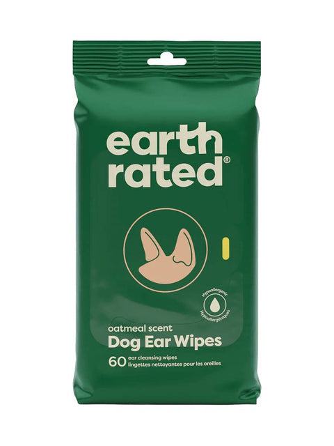 Earth Rated Dog Ear Wipes package showing blue and white branded container for pet grooming care.