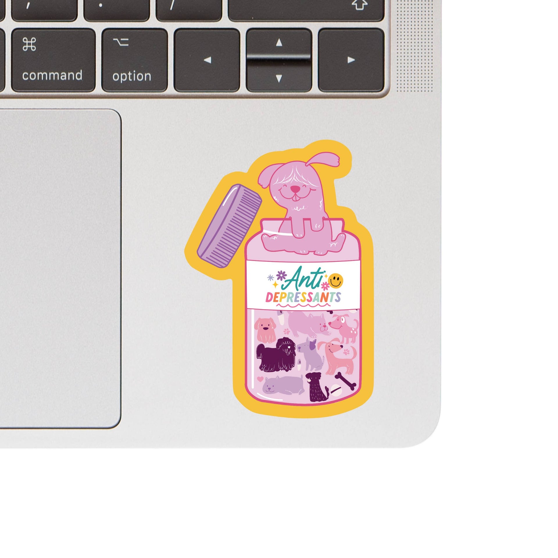 Close-up detail of Juju and Moxie Anti-depressant vinyl sticker showing text and graphic design elements.