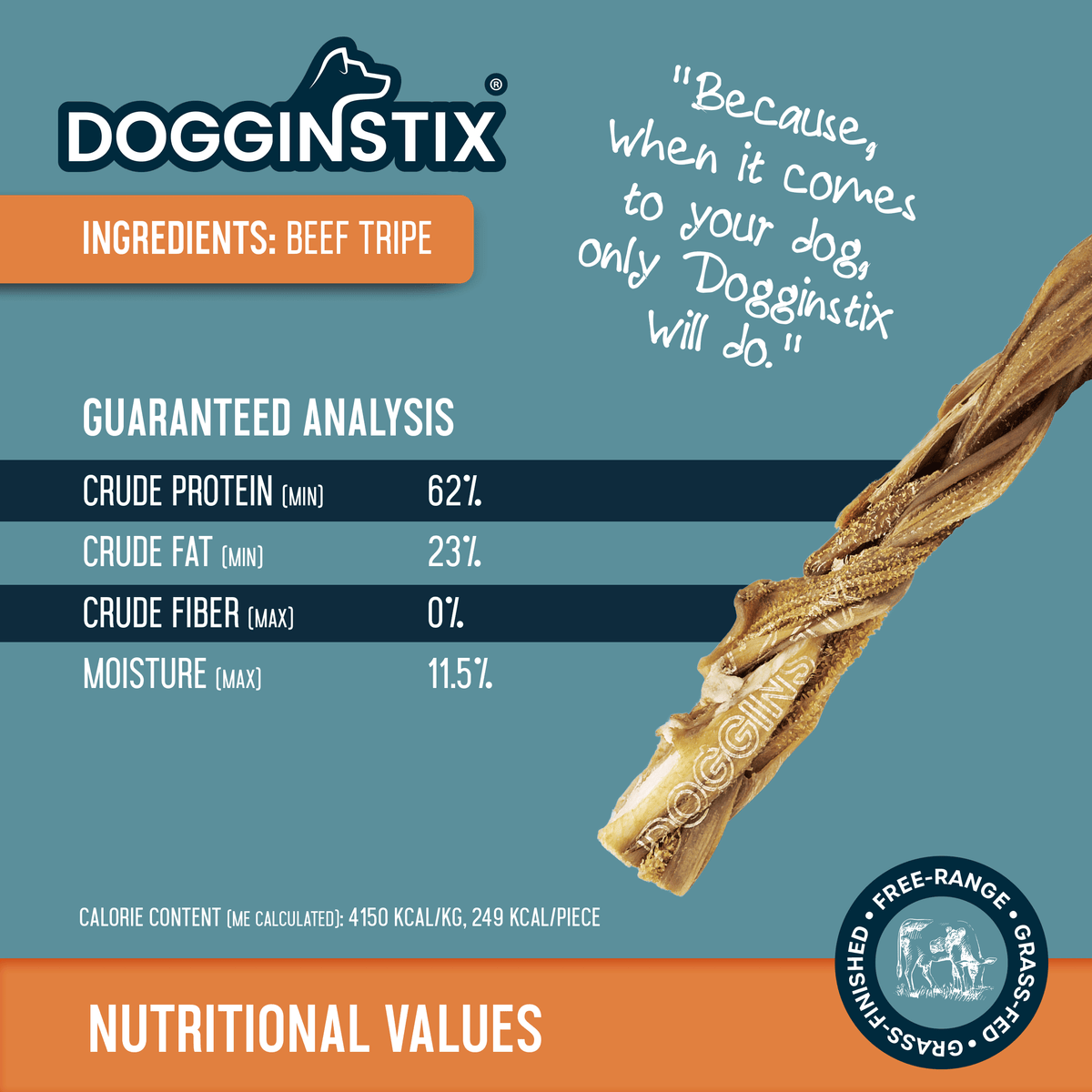 Dogginstix 12-inch braided beef tripe stick shown beside a common object for size reference.