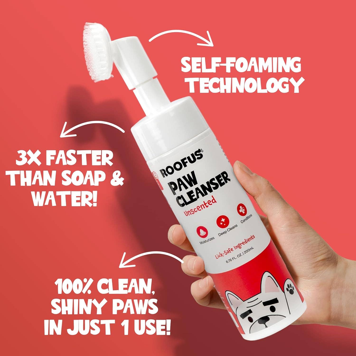 Roofus Foaming Paw Cleanser bottle showing no-rinse formula label and built-in soft brush applicator design.