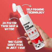 Roofus Foaming Paw Cleanser bottle showing no-rinse formula label and built-in soft brush applicator design.