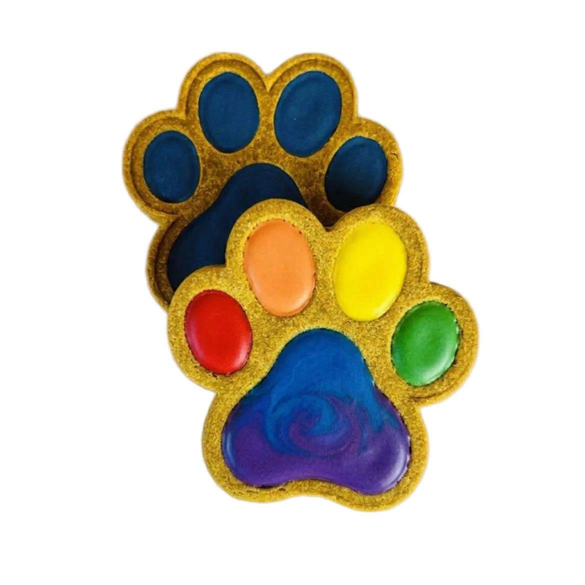 Rainbow Puppy Paws colorful paw-shaped dog treats or toys arranged in a vibrant multicolored display.