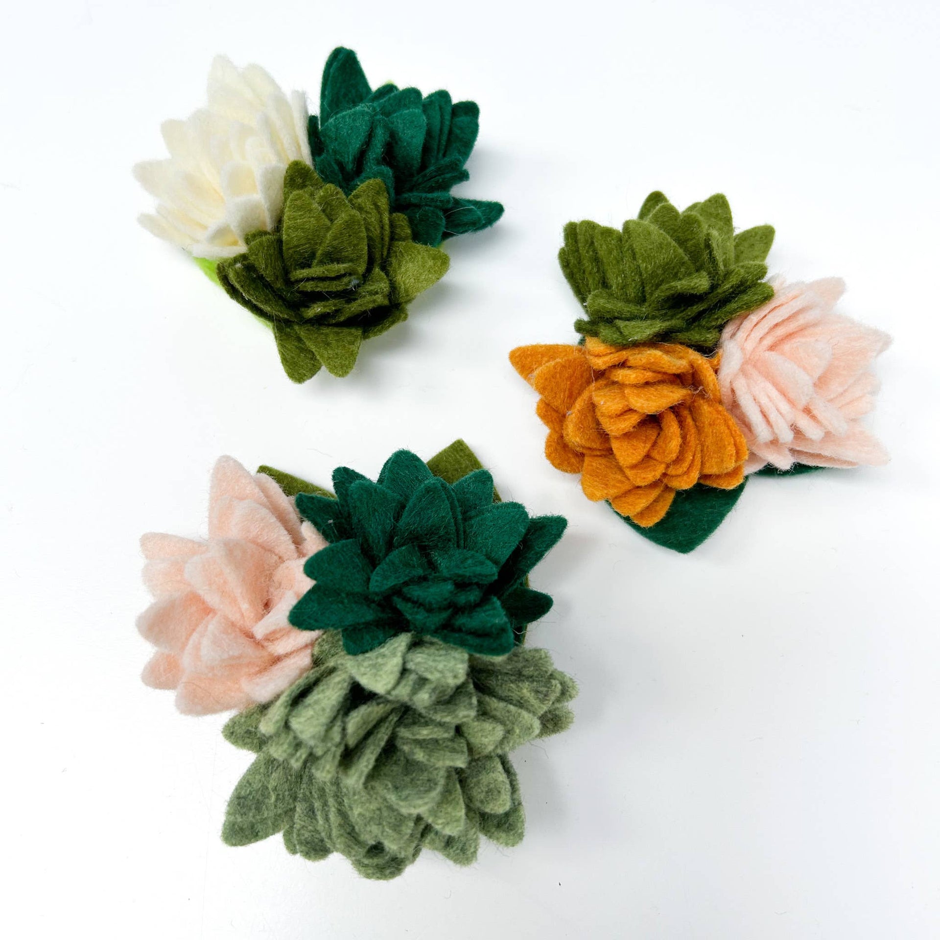 Close-up detail view of Mimi Green Succulent Dog Collar Accessory showing handcrafted three-dimensional felt botanical elements.
