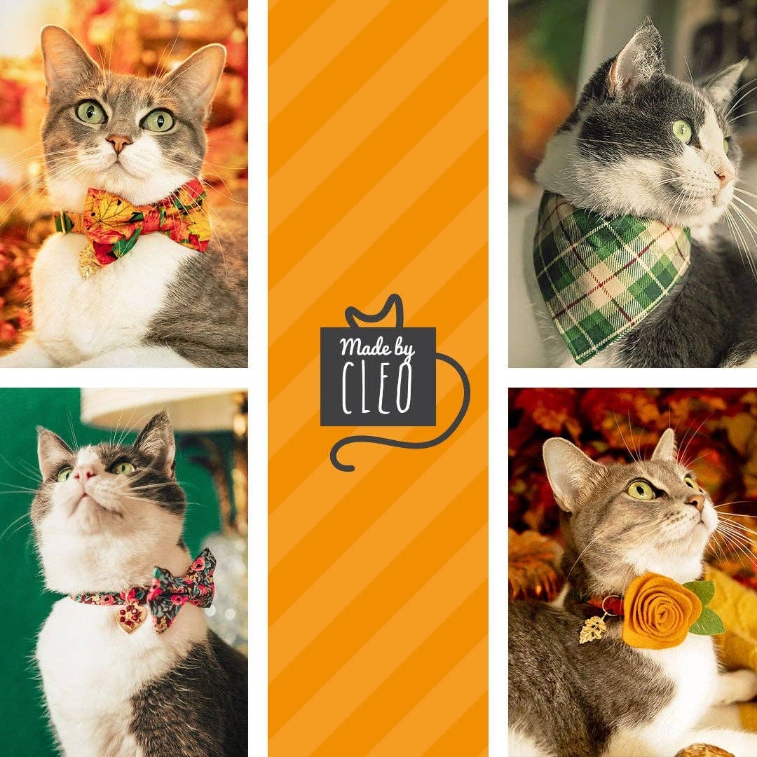 Made By Cleo Eden green cat collar displayed with packaging and product tags showing craftsmanship details.