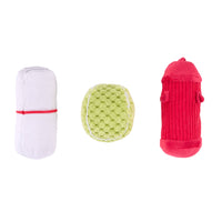 ZippyPaws Dog's Best Friends 3-Pack plush squeaky toys shown from detailed angle highlighting soft textures and colors.