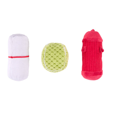 ZippyPaws Dog's Best Friends 3-Pack plush squeaky toys shown from detailed angle highlighting soft textures and colors.