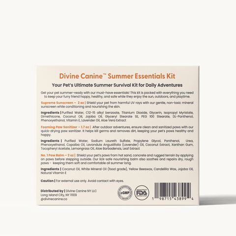 Divine Canine Summer Essentials Kit grooming products arranged showing individual bottle labels and travel-friendly sizing details.