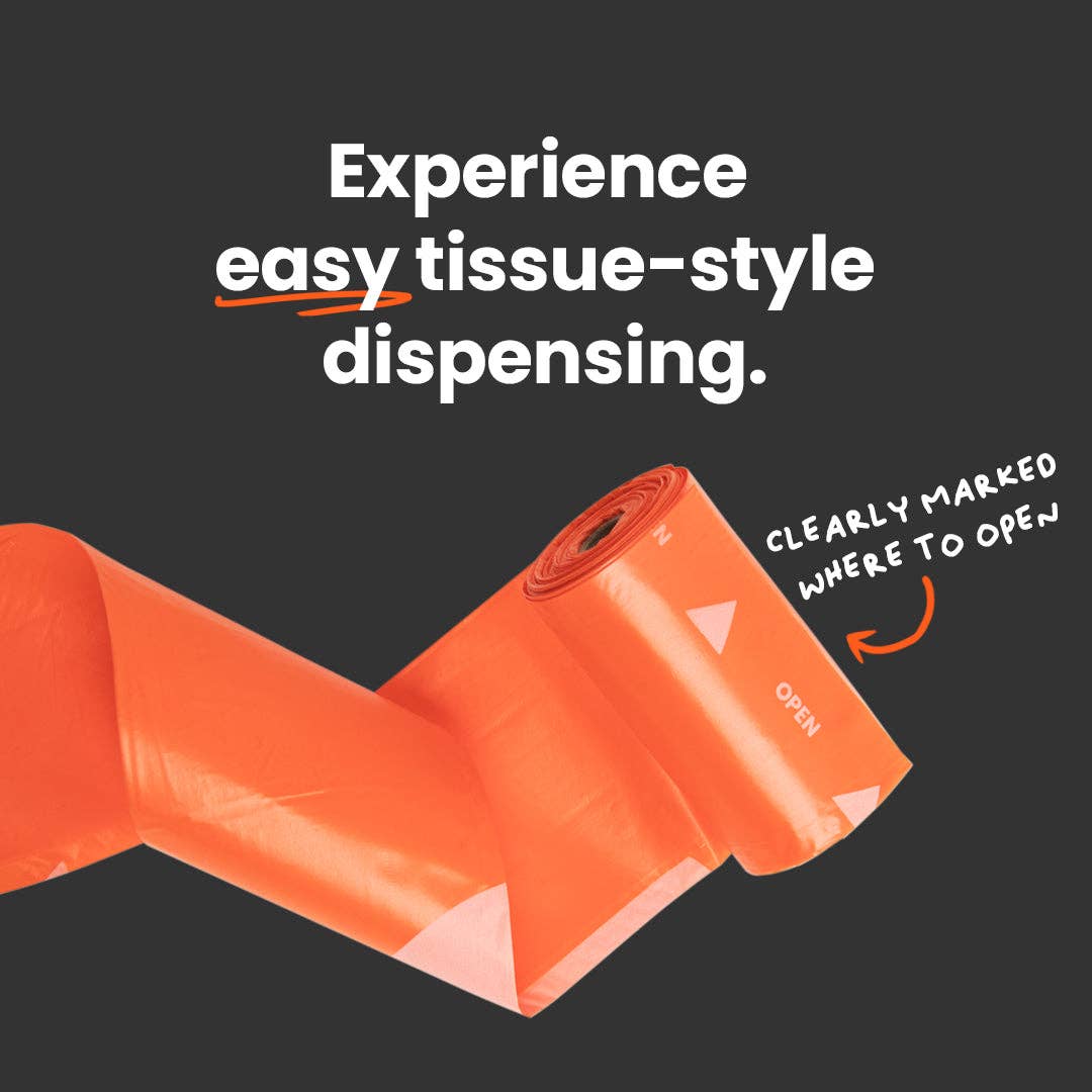 No Rip Poop Bags 8-roll pack showing leak-proof construction and pre-torn convenience features for dog walking.