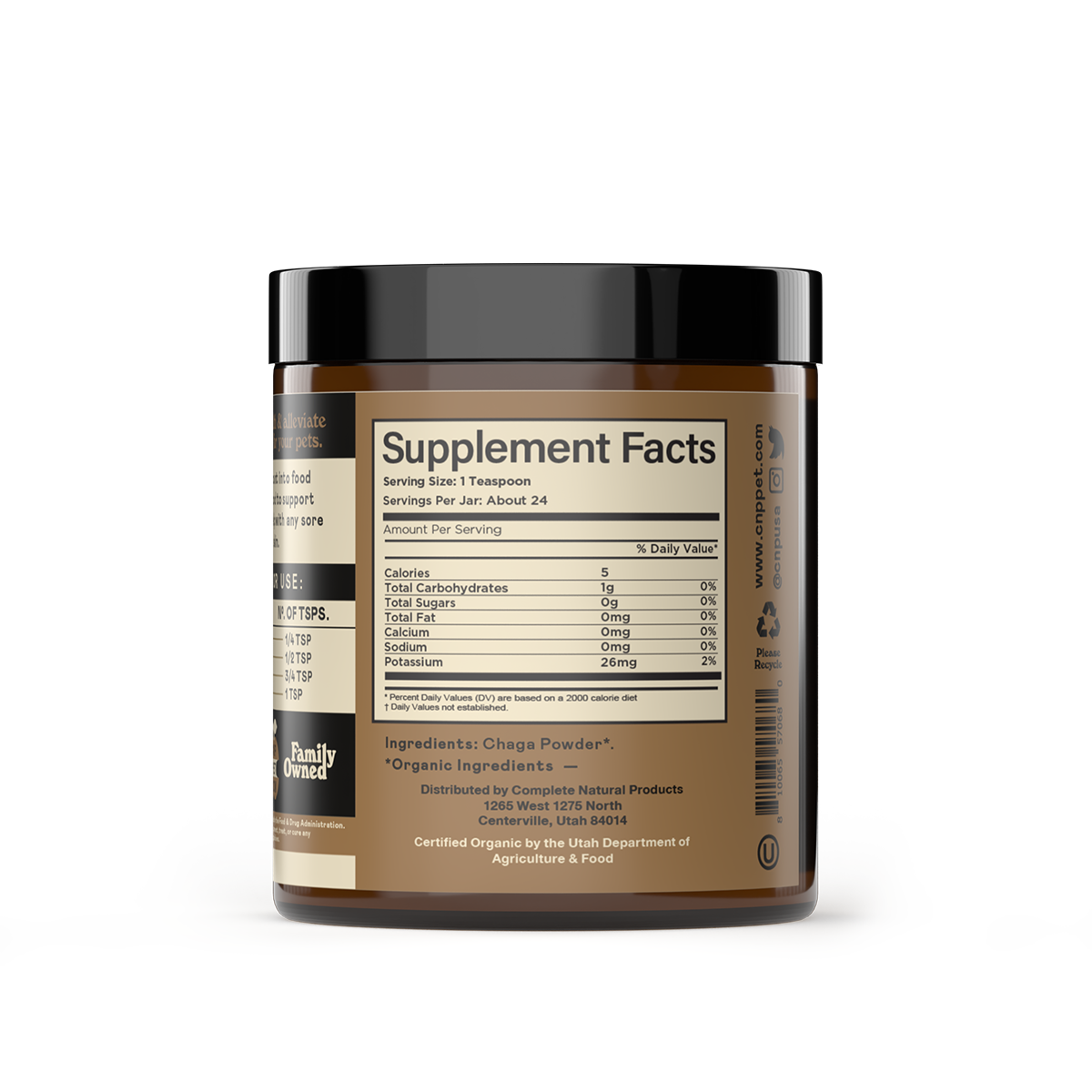 Complete Natural Products Organic Chaga Mushroom Powder container showing ingredient label and dosage instructions for pets