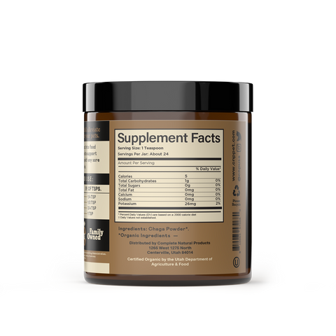 Complete Natural Products Organic Chaga Mushroom Powder container showing ingredient label and dosage instructions for pets