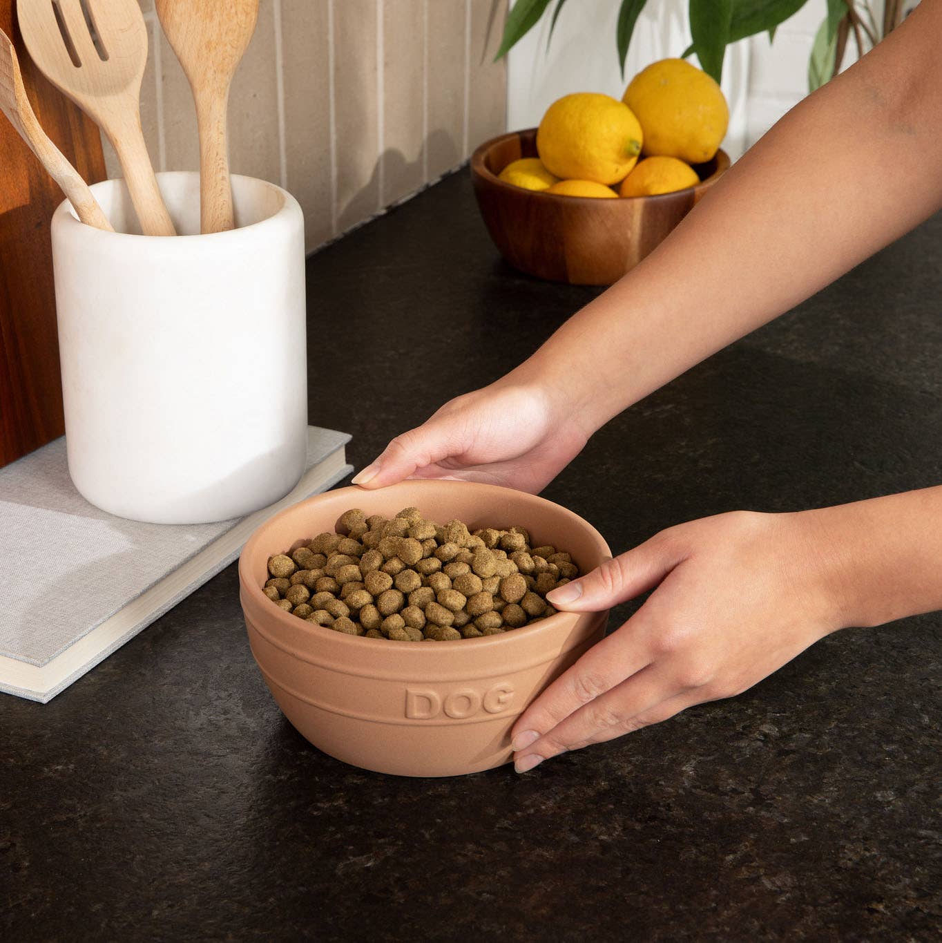 Waggo Farmhouse Bowl shown from underneath revealing the ceramic base and bottom design details