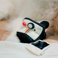 Lambwolf Collective Instant Camera dog toy showing detailed stitching and plush fabric construction close-up view.