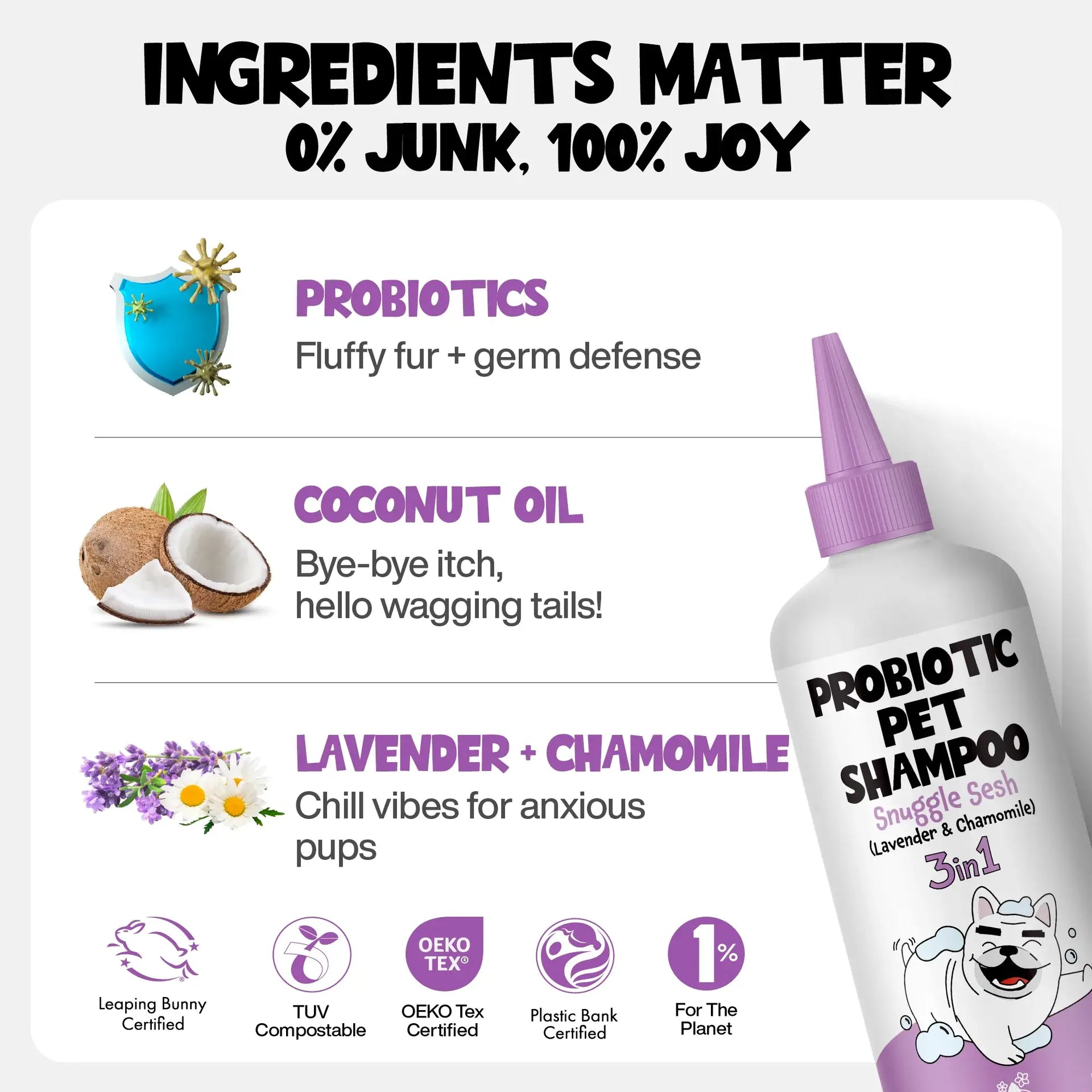 Roofus Snuggle Sesh Shampoo bottle showing ingredient list and product usage instructions on back label