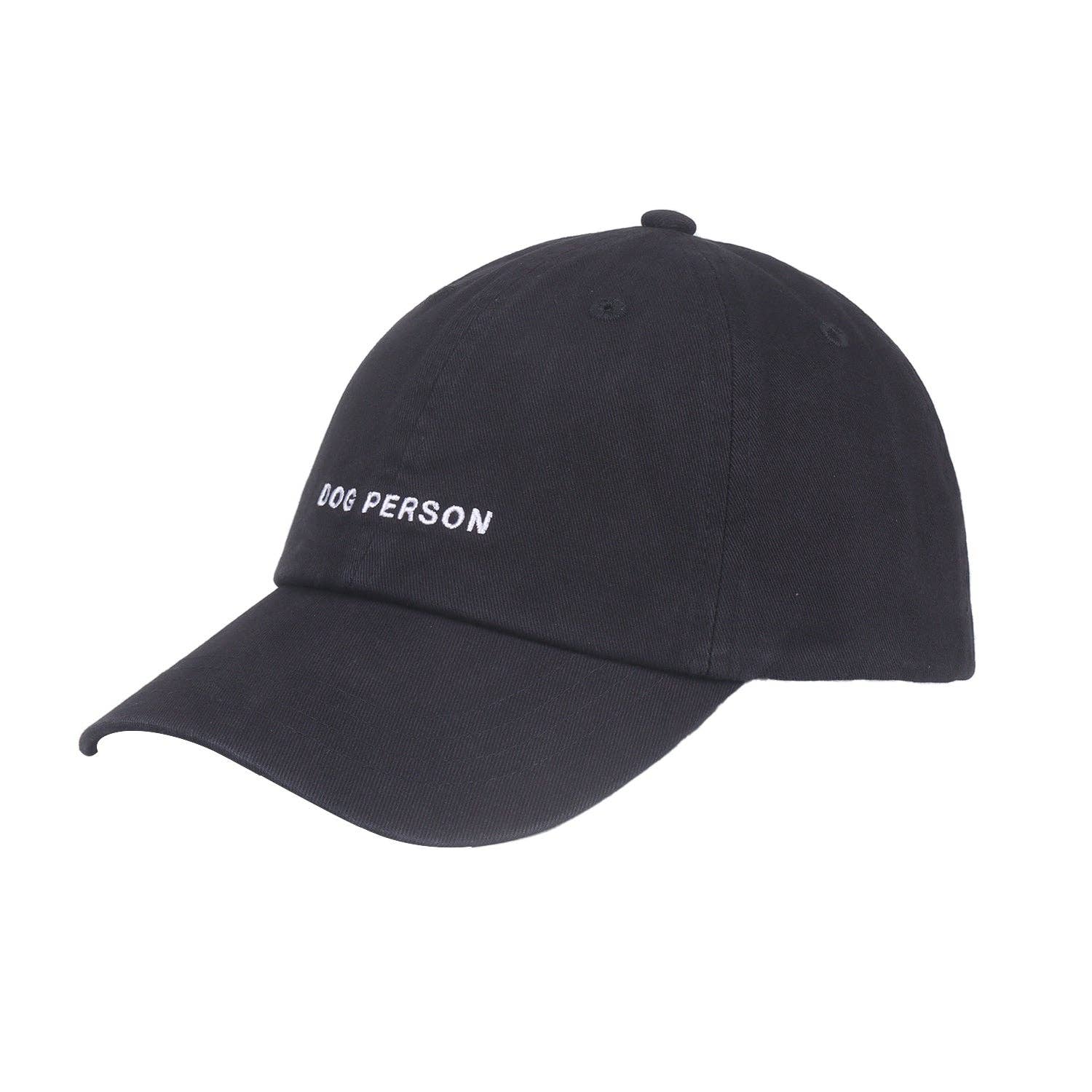 HATPHILE Dog Person hat showing side profile view with embroidered text detail on cotton twill material.