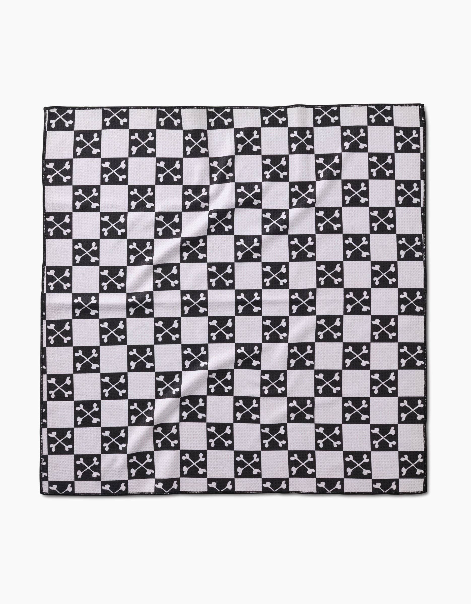 Geometry Boneyard Black Checkerboard Dog Towel featuring bold black and white checkered pattern in 30x30 size.