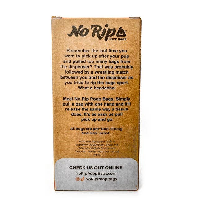 No Rip Poop Bags 8-roll pack showing individual pre-torn waste bags ready for convenient dog walking use