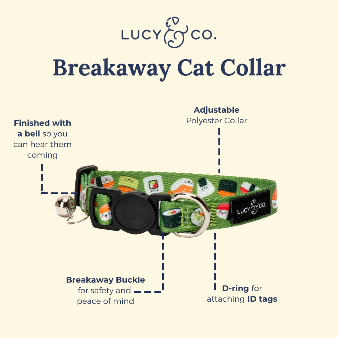 Lucy & Co. How I Roll Breakaway Cat Collar showing detailed view of safety breakaway buckle mechanism.