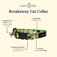 Lucy & Co. How I Roll Breakaway Cat Collar showing detailed view of safety breakaway buckle mechanism.