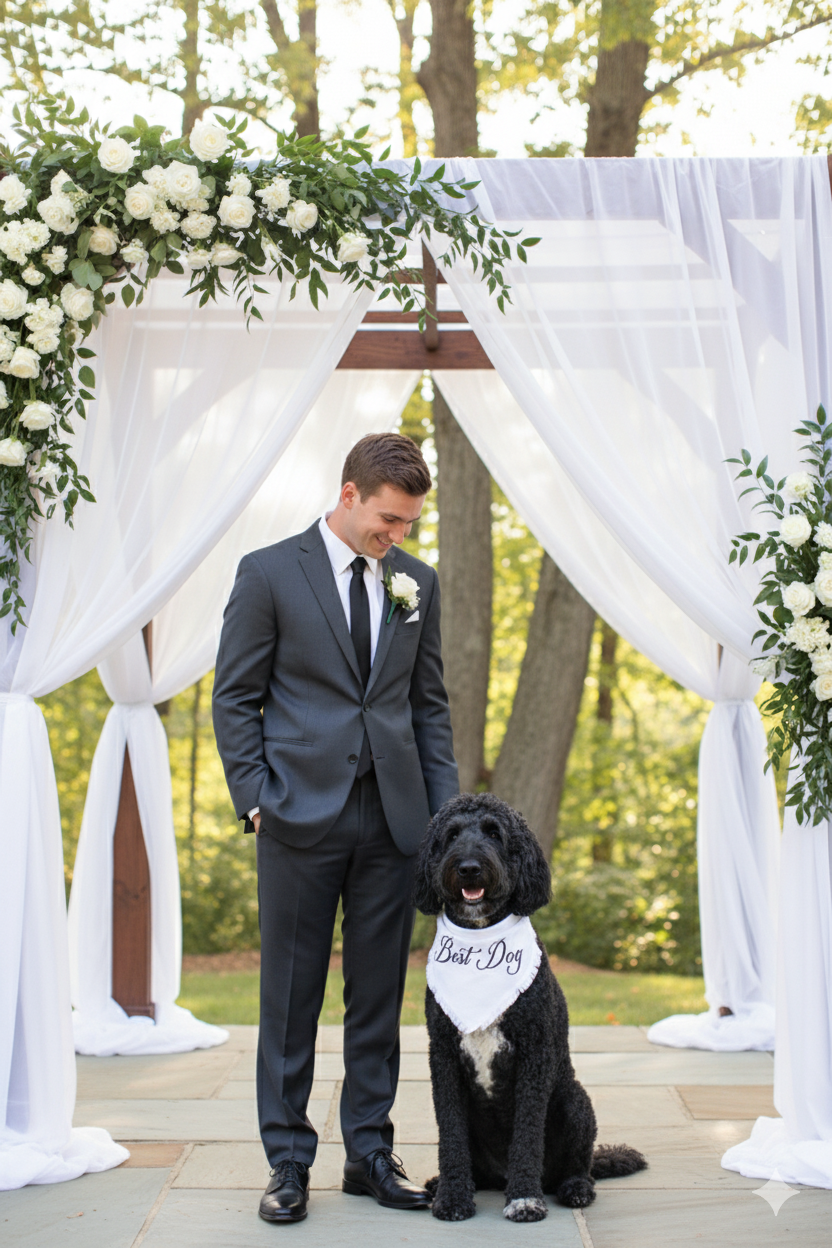 Dog wearing Two Tails Pet Company Best Dog bandana in lifestyle setting showing the celebratory accessory in use.