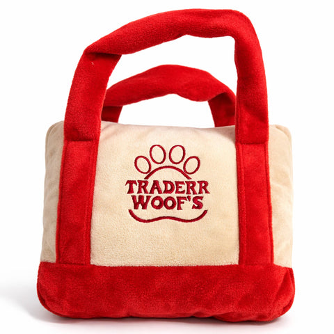 Chomp Haus Traderr Woof's Tote Toy, a fabric dog toy designed like a miniature grocery tote bag.